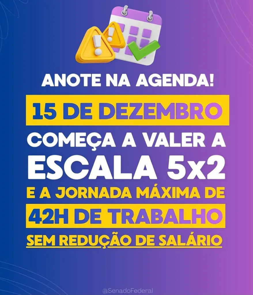 Morada FM — O Congresso Nacional promulgou, em 16 de outubro, a Emenda Constitucional nº 141/2026, que altera as regras sobre a jornada de trabalho no Brasil e prevê o fim da escala 6×1. A mudança estabelece dois dias de descanso semanal remunerado, sem redução salarial, e diminui gradualmente o limite máximo de trabalho de 44 para 40 horas por semana. De acordo com informações divulgadas pela Agência Senado, a implementação ocorrerá em etapas. A primeira mudança está prevista para 15 de dezembro de 2026, quando começa a valer a escala de cinco dias de trabalho e dois de descanso, conhecida como 5×2, acompanhada [&hellip;]